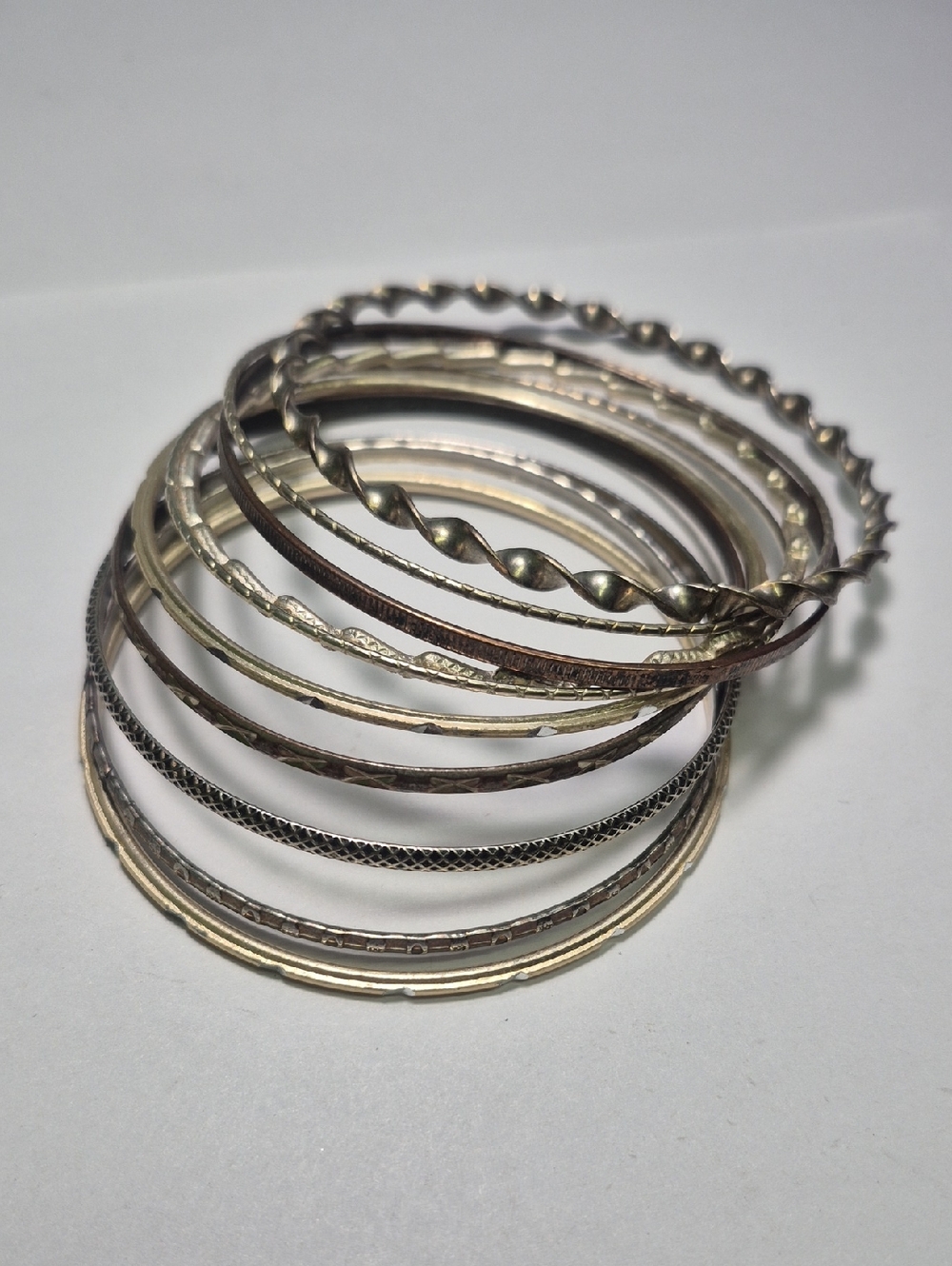 10 Mixed Metal Textured Bangle Bracelet Set - Gold And Silver Tone Women Jewelry